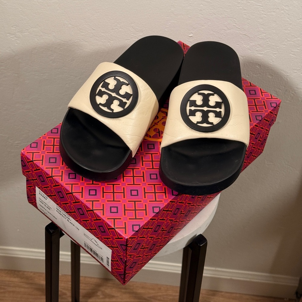 Tory Burch Black and Cream Logo Slide Sandals